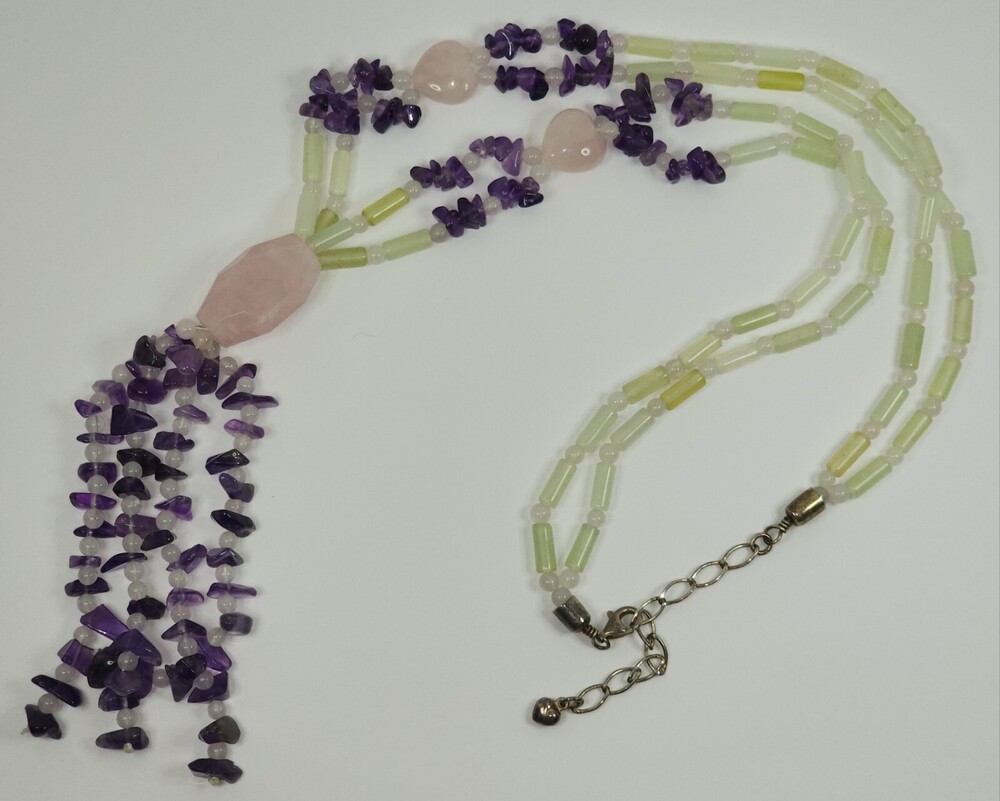 Jay King Desert Rose Trading Rose Quartz, Jadite, Amethyst Tassel Necklace